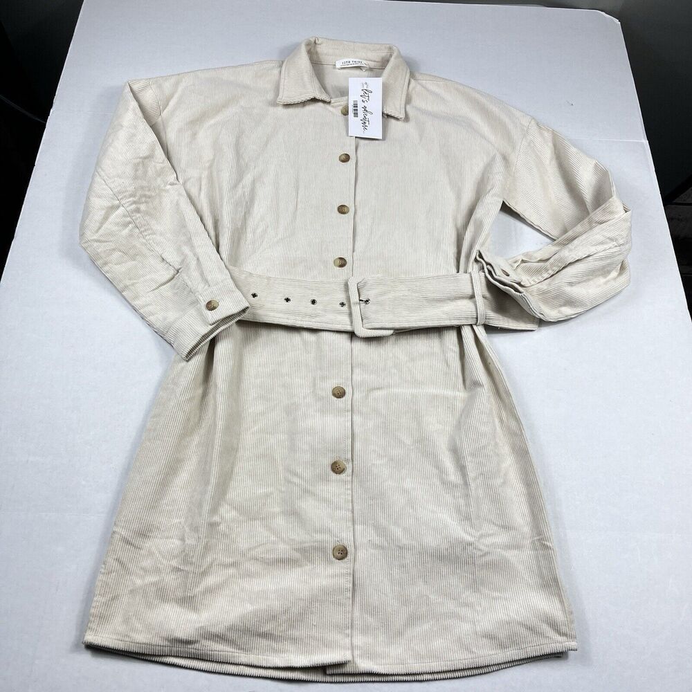 12th Tribe Womens Corduroy Shirt Dress Ivory Long Sleeve Belted Casual SMALL